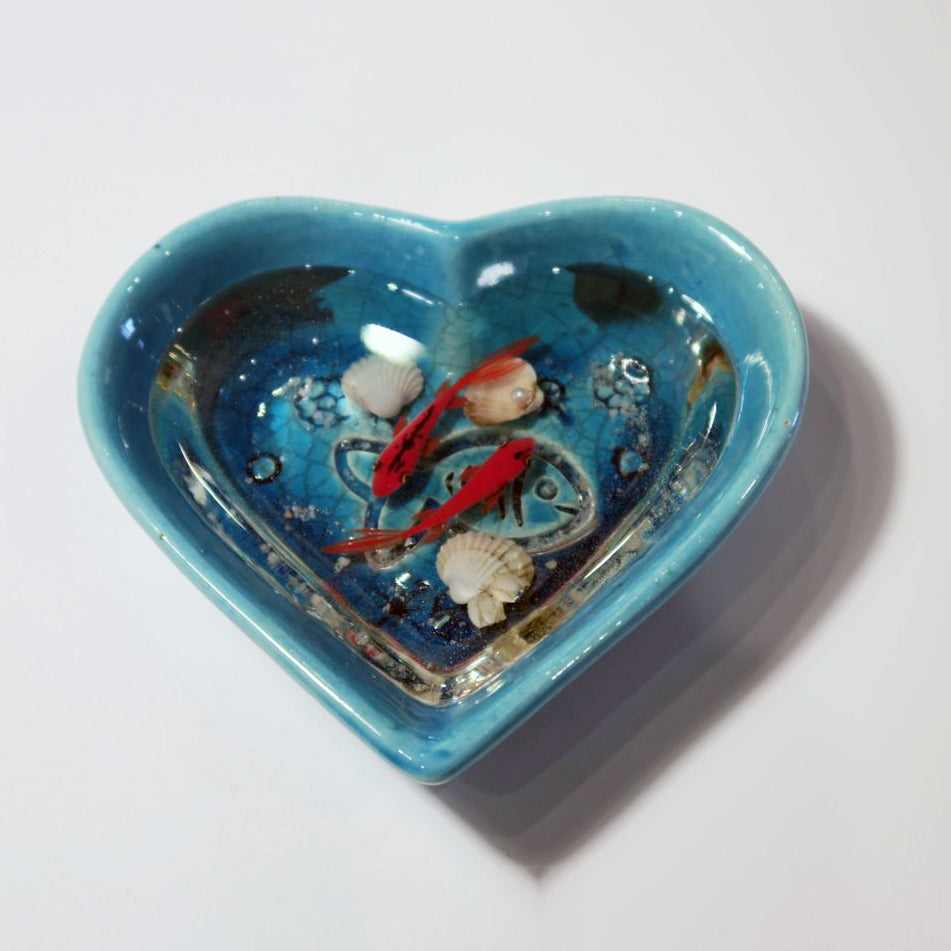 Fish Bowl - Unique Heart Shape Ceramic Bowl with Sculptures of Fishes!