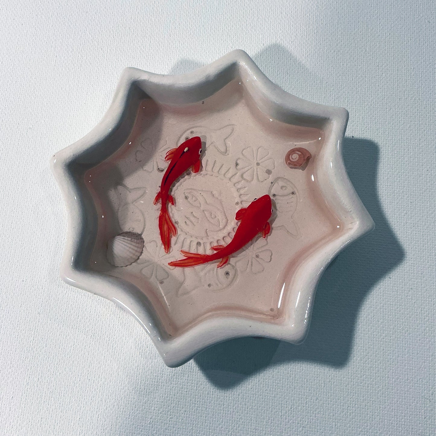 Fish Bowl - Unique Turquoise and White Ceramic Bowl with Sculptures of Fishes!