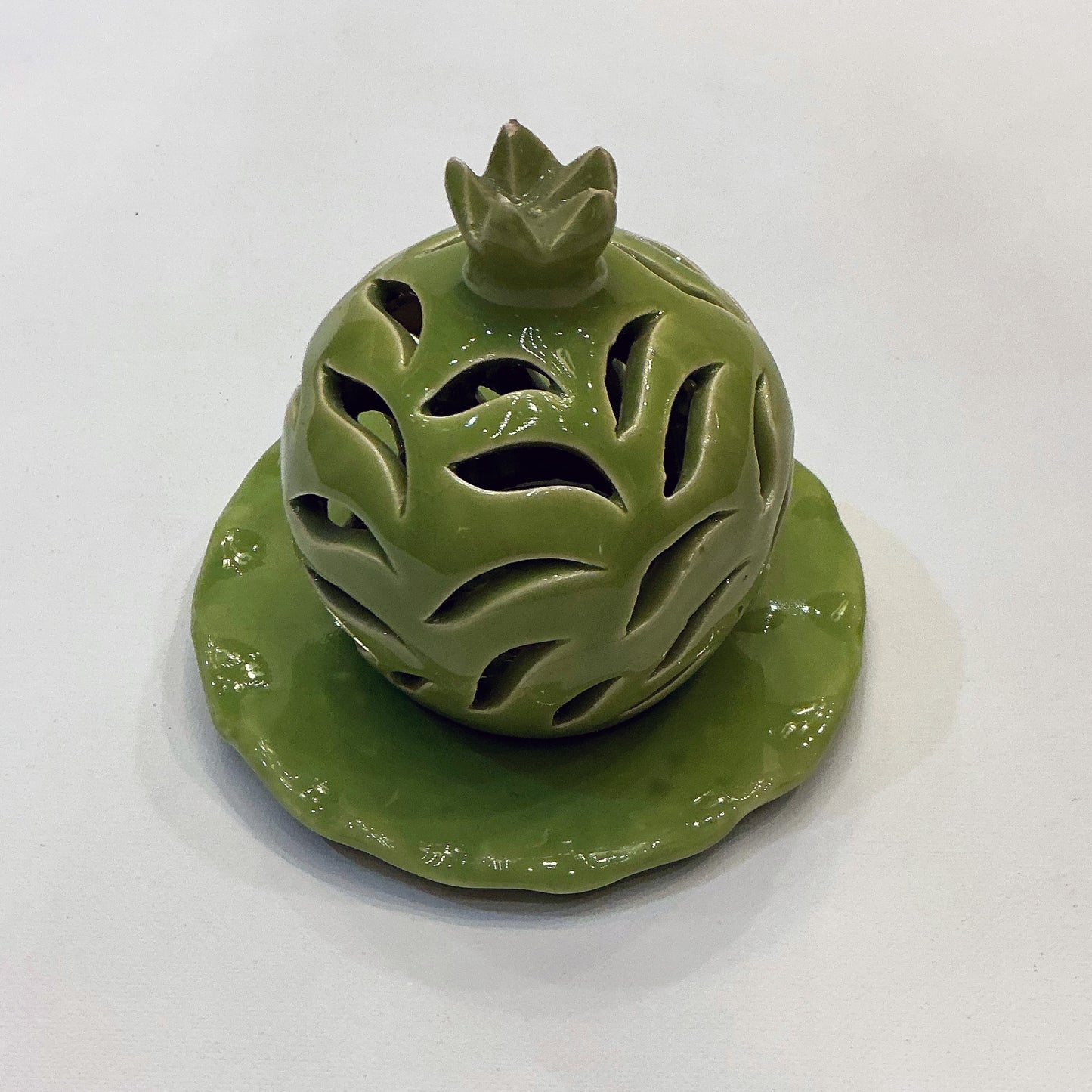 Candle Holder - A Unique Reticulated Ceramic, Pomegranate, Green, Style 1