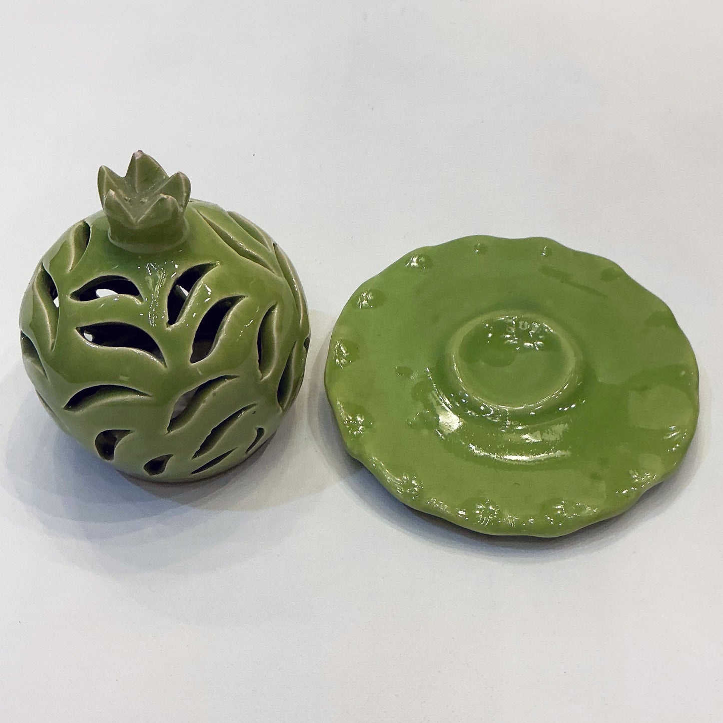 Candle Holder - A Unique Reticulated Ceramic, Pomegranate, Green, Style 1