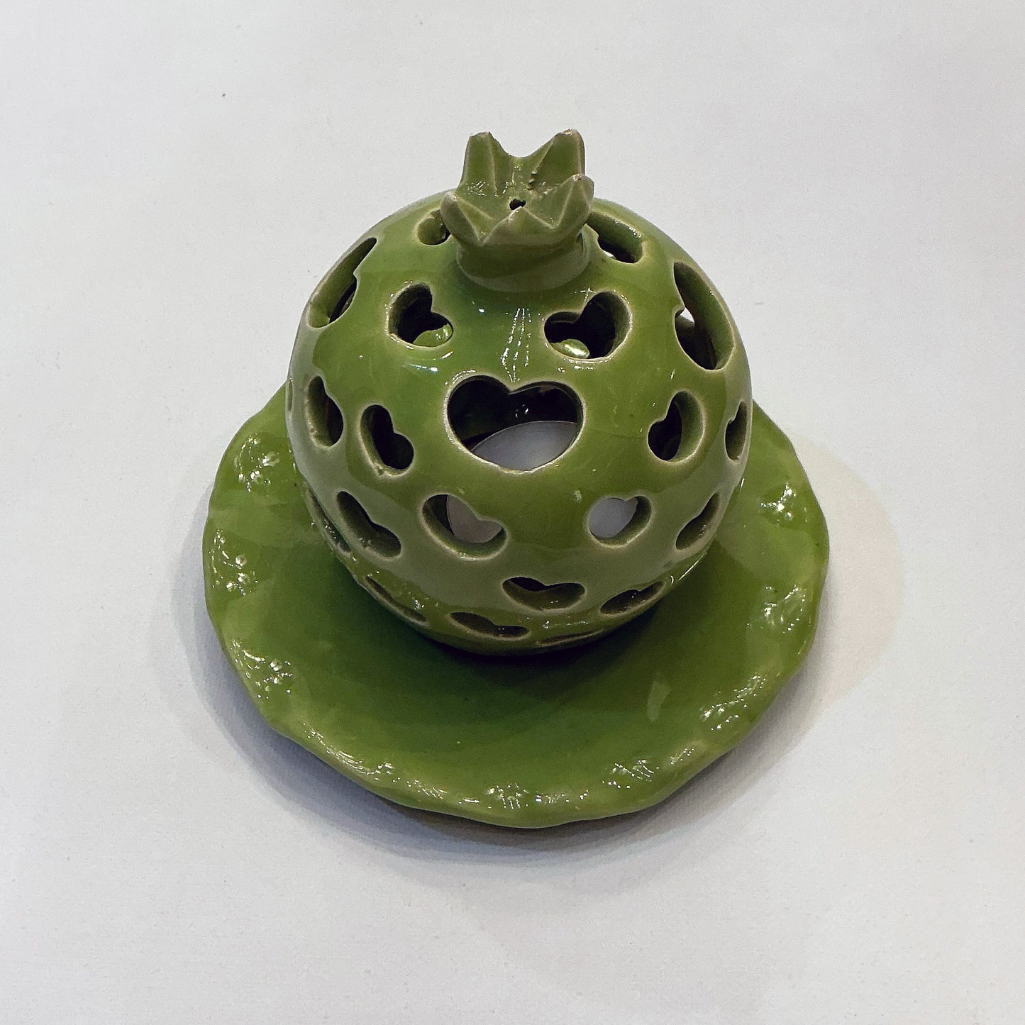 Candle Holder - A Unique Reticulated Ceramic, Pomegranate, Green, Style 2