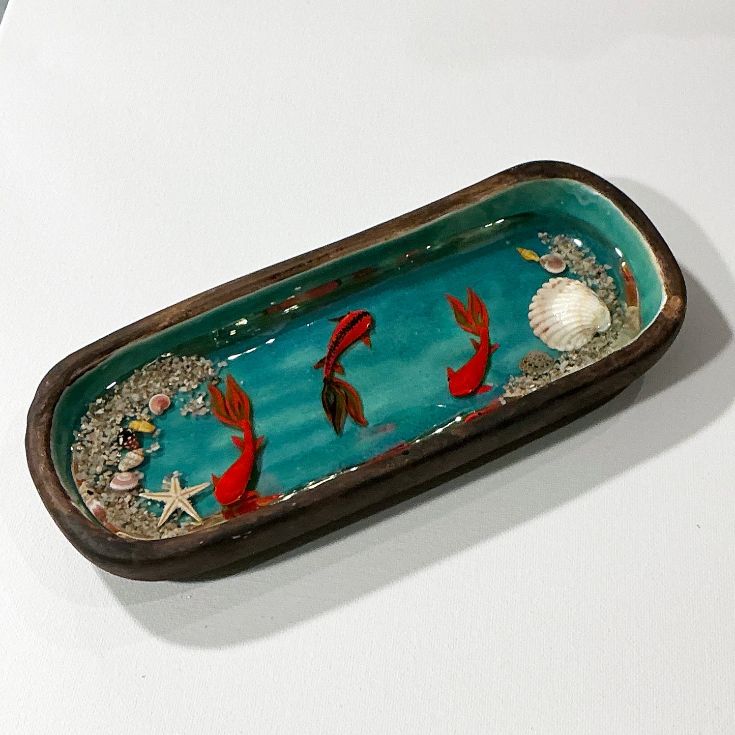 Fish Bowl - Very Beautiful Large Rectangular Brown/Turquoise Ceramic Bowl - Style#6