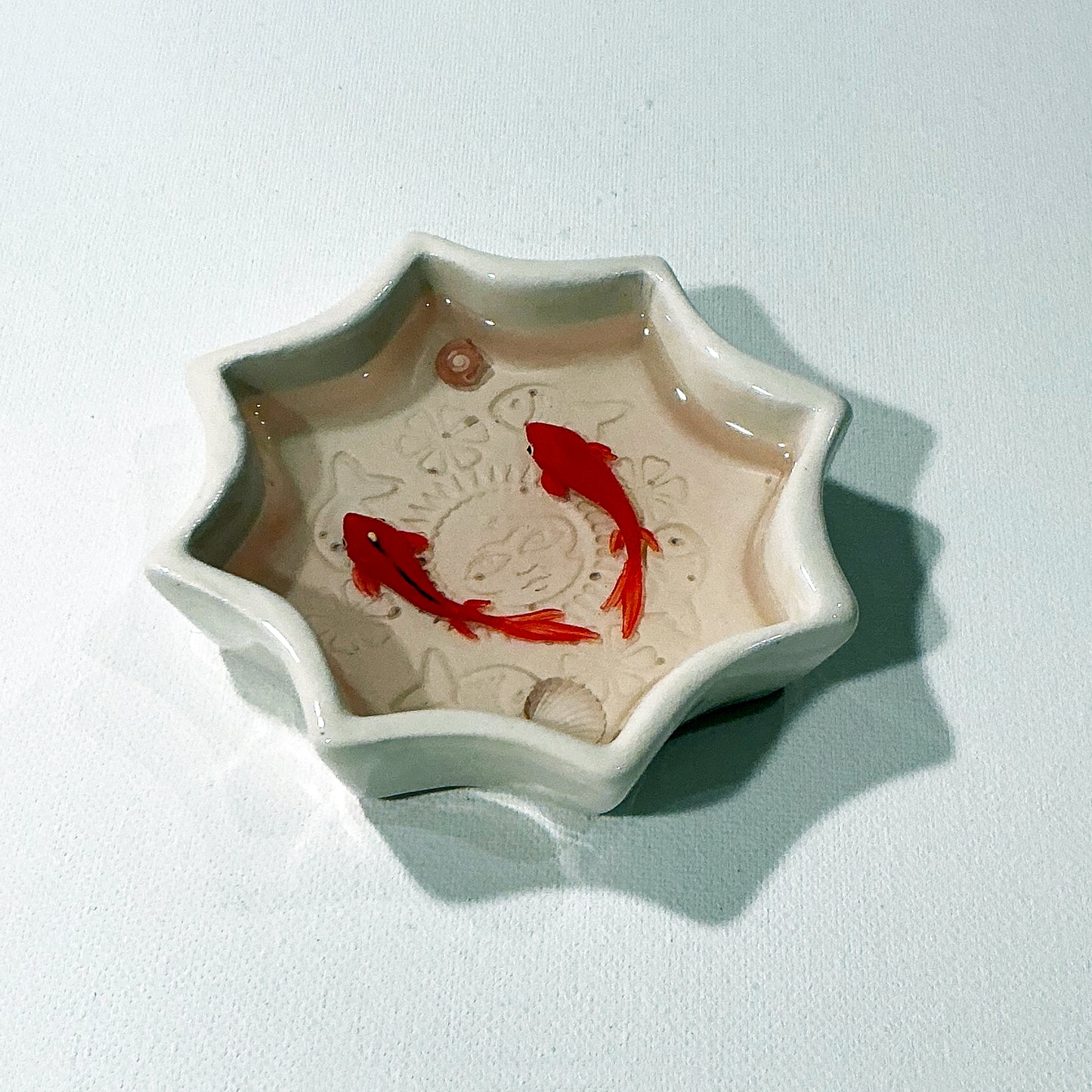 Fish Bowl - Unique Turquoise and White Ceramic Bowl with Sculptures of Fishes!