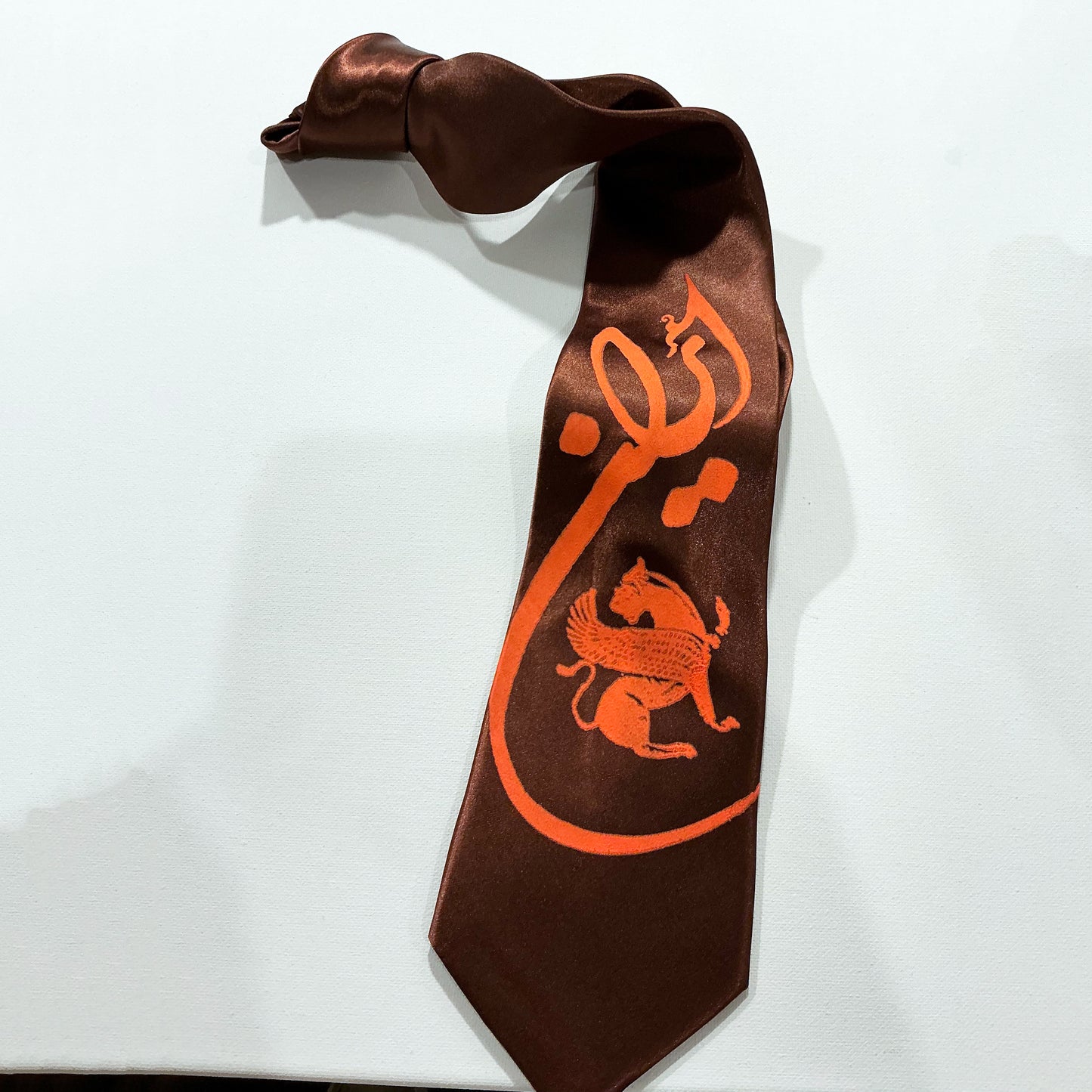 Tie With Printed Word of "Iran" in Farsi Shekasteh Nastaliq + Simorgh Symbol in 3 Print Colors