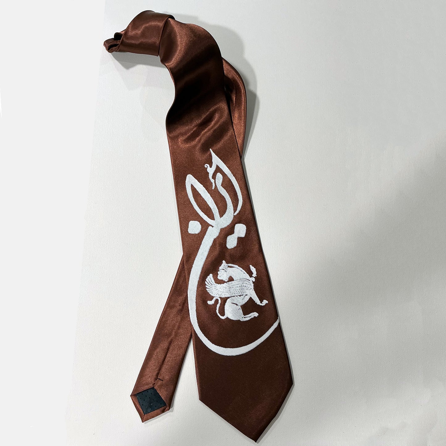 Tie With Printed Word of "Iran" in Farsi Shekasteh Nastaliq + Simorgh Symbol in 3 Print Colors