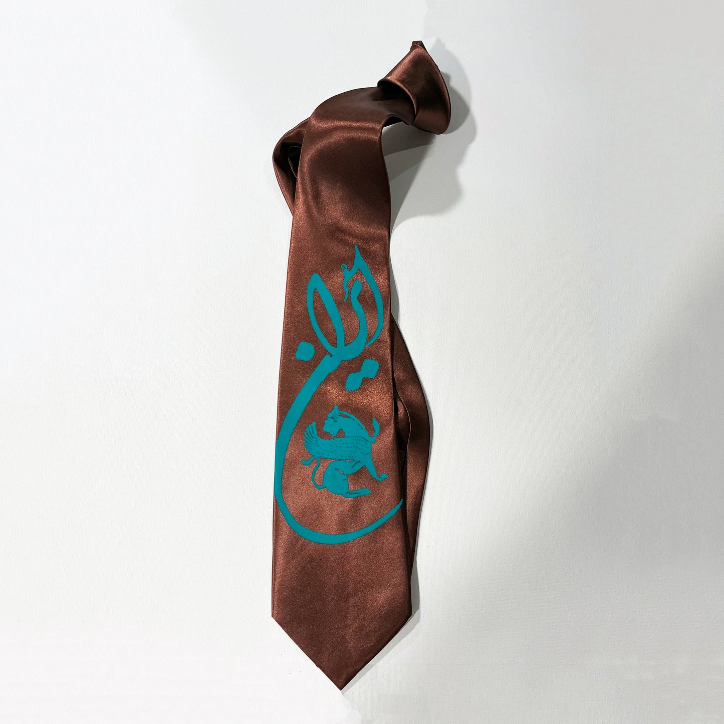 Tie With Printed Word of "Iran" in Farsi Shekasteh Nastaliq + Simorgh Symbol in 3 Print Colors
