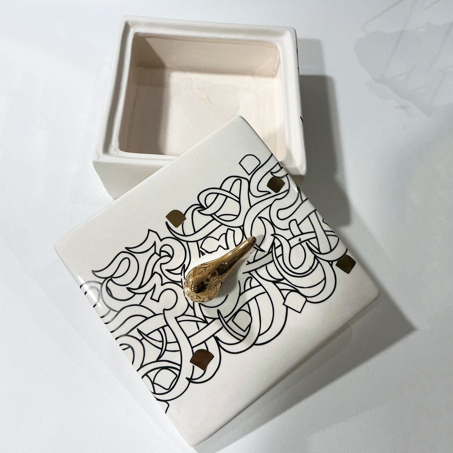 Beautiful Ceramic Chocolate Container With A Lid Designed by Calligraphy & A Golden Bird