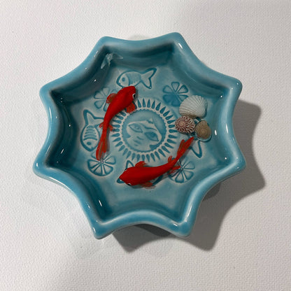 Fish Bowl - Unique Turquoise and White Ceramic Bowl with Sculptures of Fishes!