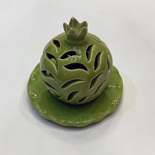 Candle Holder - A Unique Reticulated Ceramic,  Pomegranate, Green, Style 1