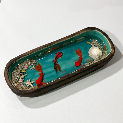 Fish Bowl - Very Beautiful Large Rectangular Brown/Turquoise Ceramic Bowl - Style#6